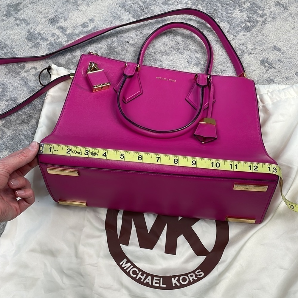 Michael Kors Collection Casey Large Leather Satchel Purse Padlock Bright Pink - Picture 14 of 16